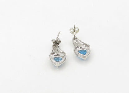 925 Sterling Silver Vintage Genuine Diamond & Blue Topaz Drop Earrings EG10652