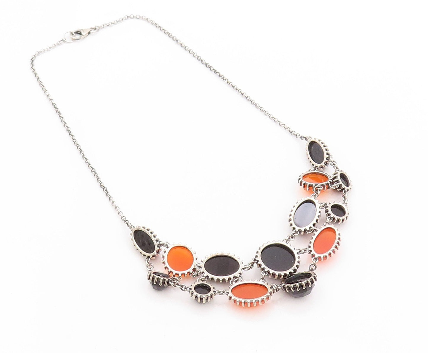 925 Sterling Silver Vintage Necklace Oval & Round Cut Carnelian & Onyx  NE4557
