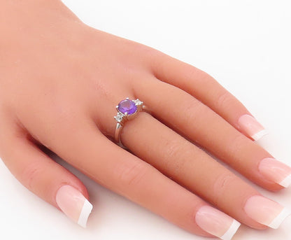 925 Sterling Silver Vintage Ring Oval Cut Amethyst CZ Side Stones  Sz 7  RG30686