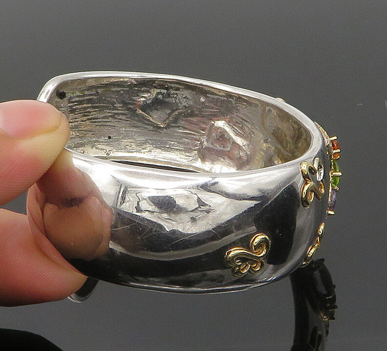 925 Silver & 14K GOLD  Vintage Genuine Diamonds & Citrine Cuff Bracelet BT8095