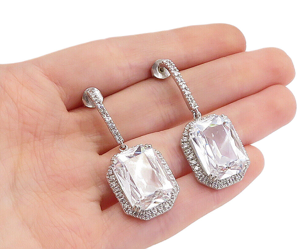 925 Sterling Silver  Sparkling Cubic Zirconia Cornered Dangle Earrings  EG2680