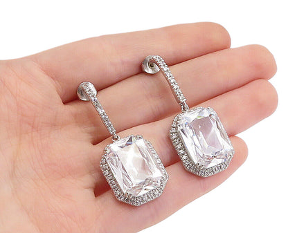 925 Sterling Silver  Sparkling Cubic Zirconia Cornered Dangle Earrings  EG2680