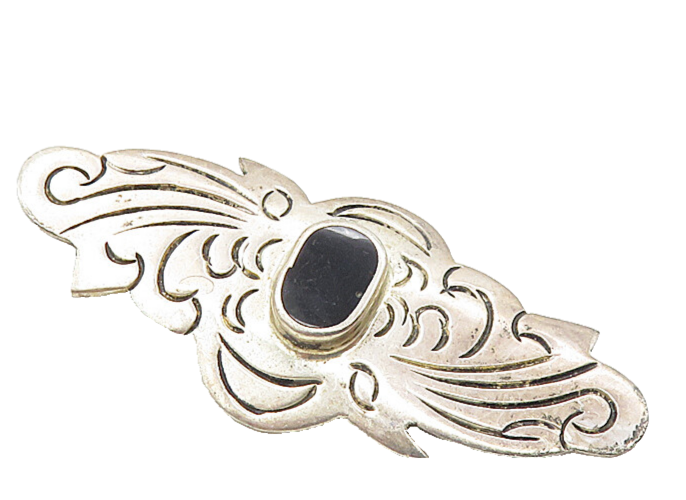 MEXICO 925 Sterling Silver  Vintage Black Onyx Etched Swirl Brooch Pin  BP3386