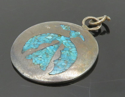925 Sterling Silver Vintage Inlaid Turquoise Round Pendant PT13023
