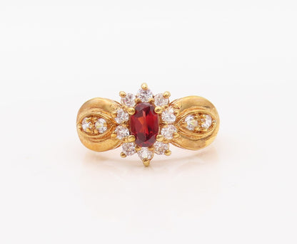 925 Sterling Silver Vintage Ring Gold Plated Garnet & CZ Flower  Sz 7  RG30314