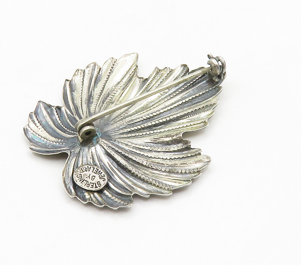 JEWEL ART 925 Sterling Silver  Vintage Shiny Floral Leaf Brooch Pin  BP5901