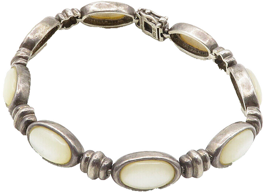 925 Sterling Silver  Vintage Mother Of Pearl Dark Tone Chain Bracelet  BT4257