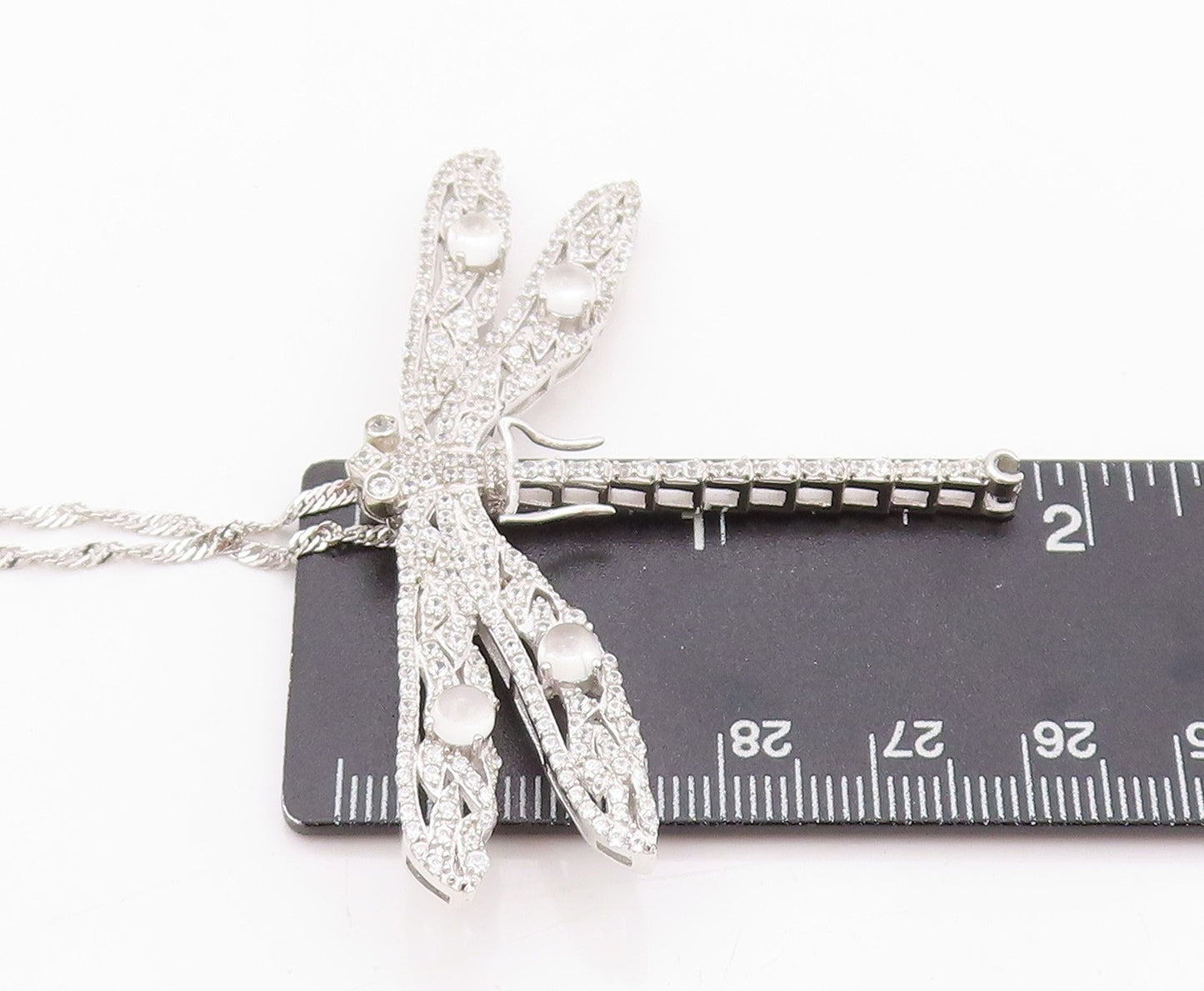 925 Sterling Silver Vintage Necklace Designer Cat's Eye & CZ Dragonfly  NE4521