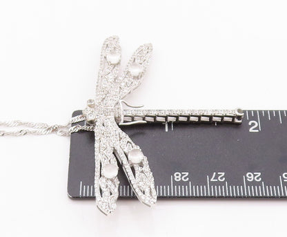 925 Sterling Silver Vintage Necklace Designer Cat's Eye & CZ Dragonfly  NE4521
