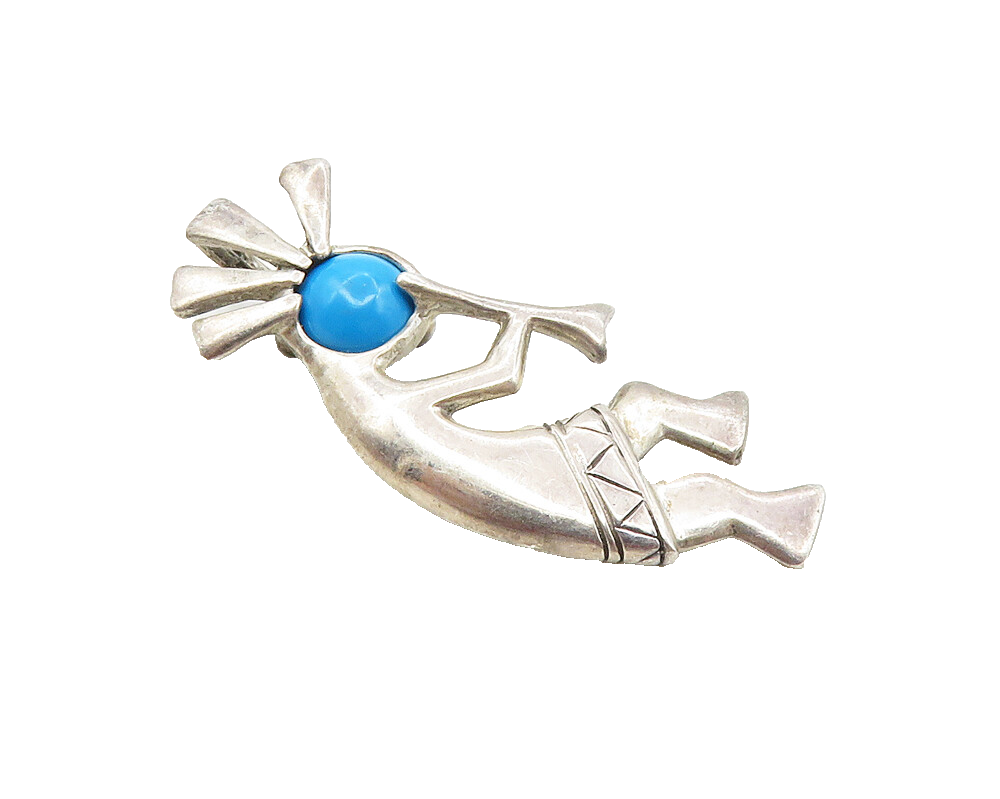 925 Sterling Silver  Vintage Turquoise Shiny Kokopelli Dancer Pendant  PT7433