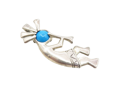 925 Sterling Silver  Vintage Turquoise Shiny Kokopelli Dancer Pendant  PT7433