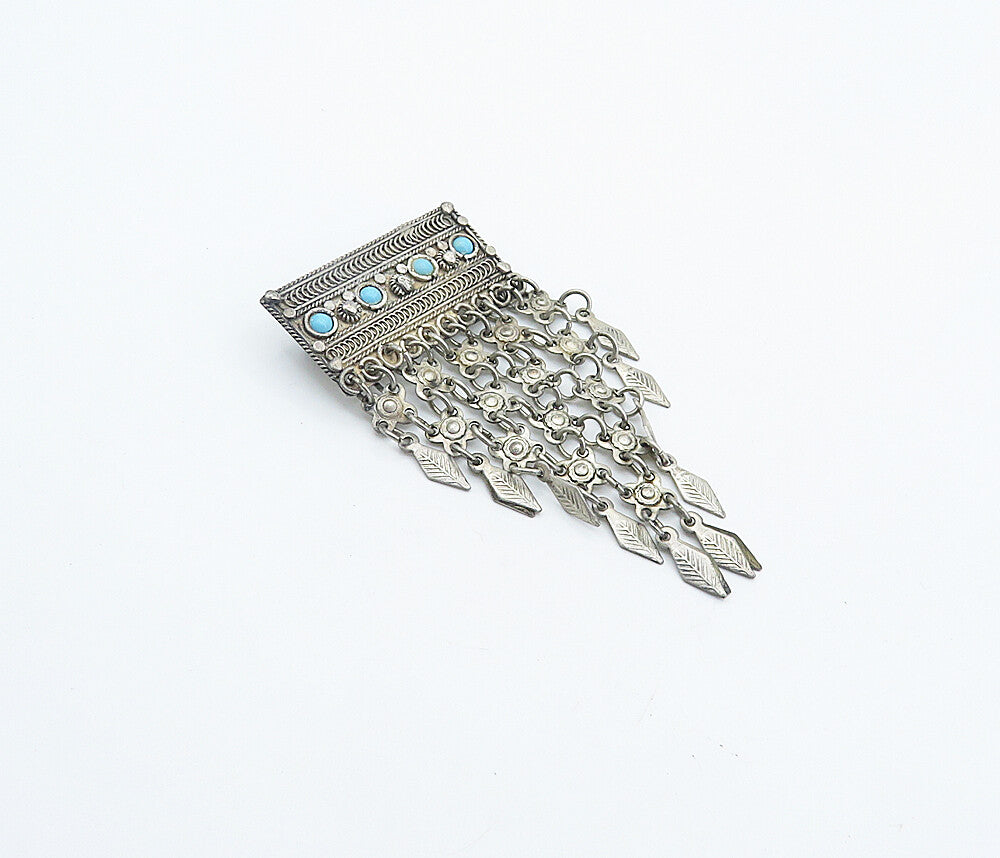 ISRAEL 925 Silver Vintage Petite Turquoise Dangling Leaves Brooch Pin BP2894