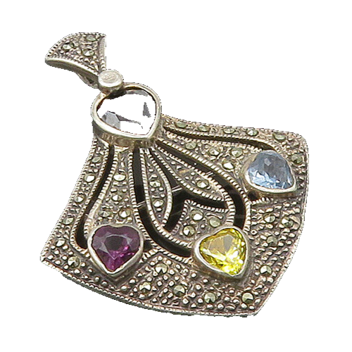 925 Silver  Vintage Hematite Amethyst Topaz & Marcasite Brooch Pin  BP8516