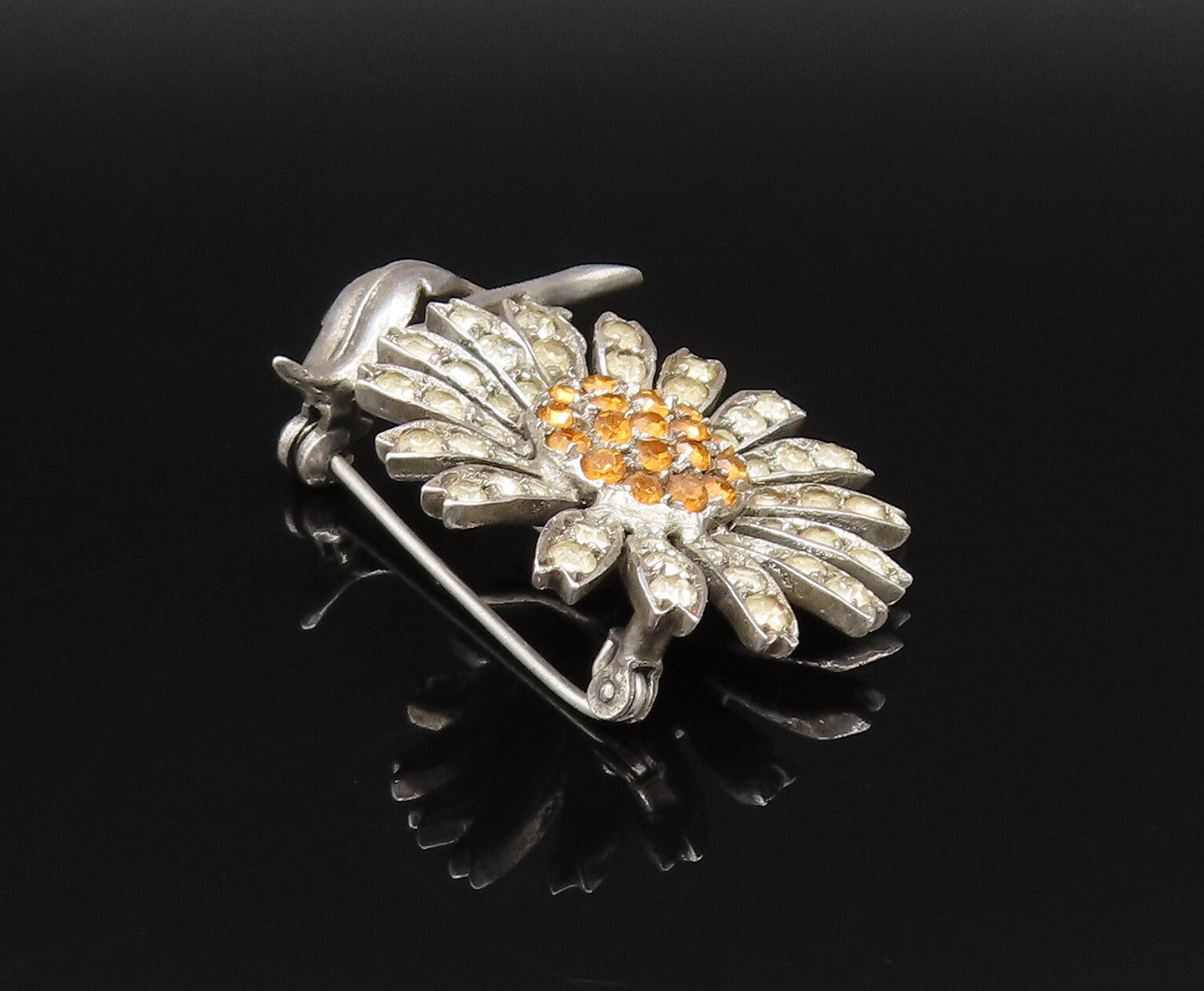 GERMANY 925 Silver  Vintage Antique Citrine & Topaz Flower Brooch Pin  BP9740
