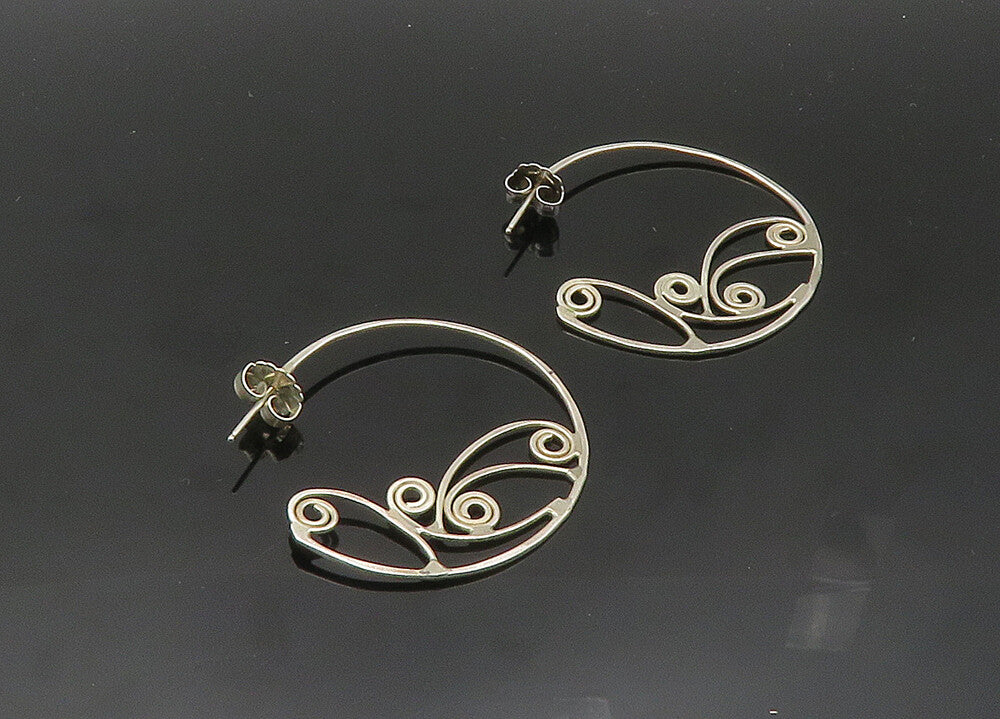 925 Sterling Silver  Vintage Shiny Open Swirl Design Hoop Earrings  EG10214