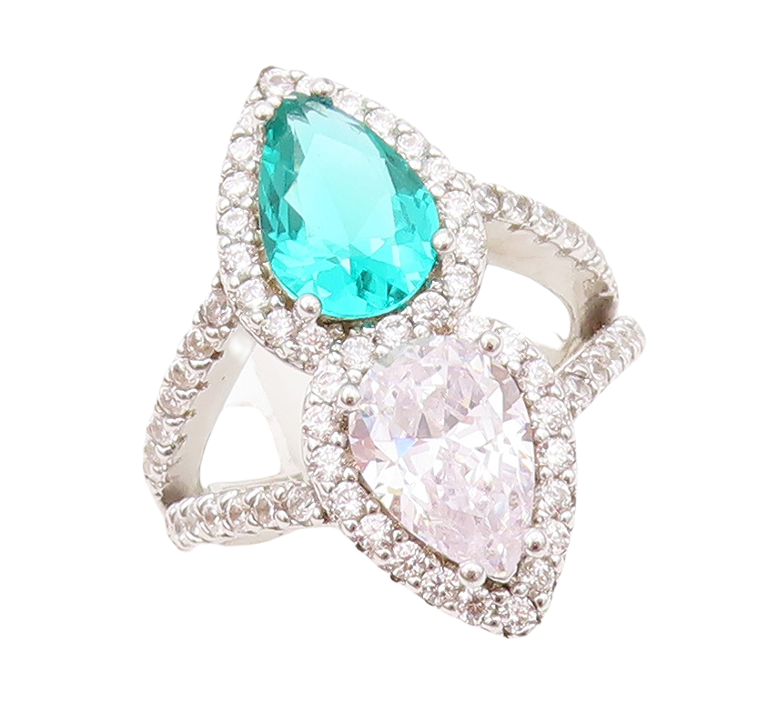 925 Sterling Silver Vintage Ring Designer Drop Sea Green & White CZ Sz 7 RG30410