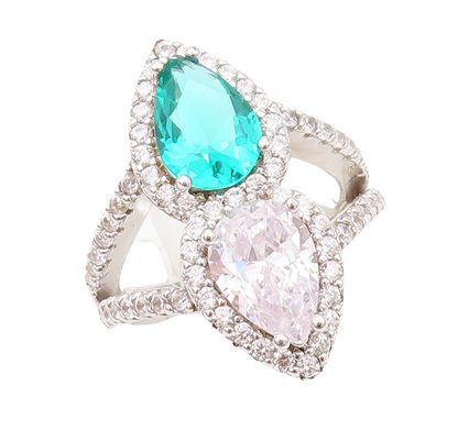 925 Sterling Silver Vintage Ring Designer Drop Sea Green & White CZ Sz 7 RG30410