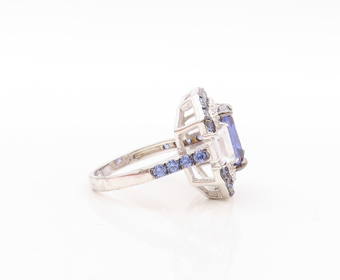 925 Sterling Silver Vintage Ring Designer Rectangle Sapphire & CZ  Sz 7  RG30893