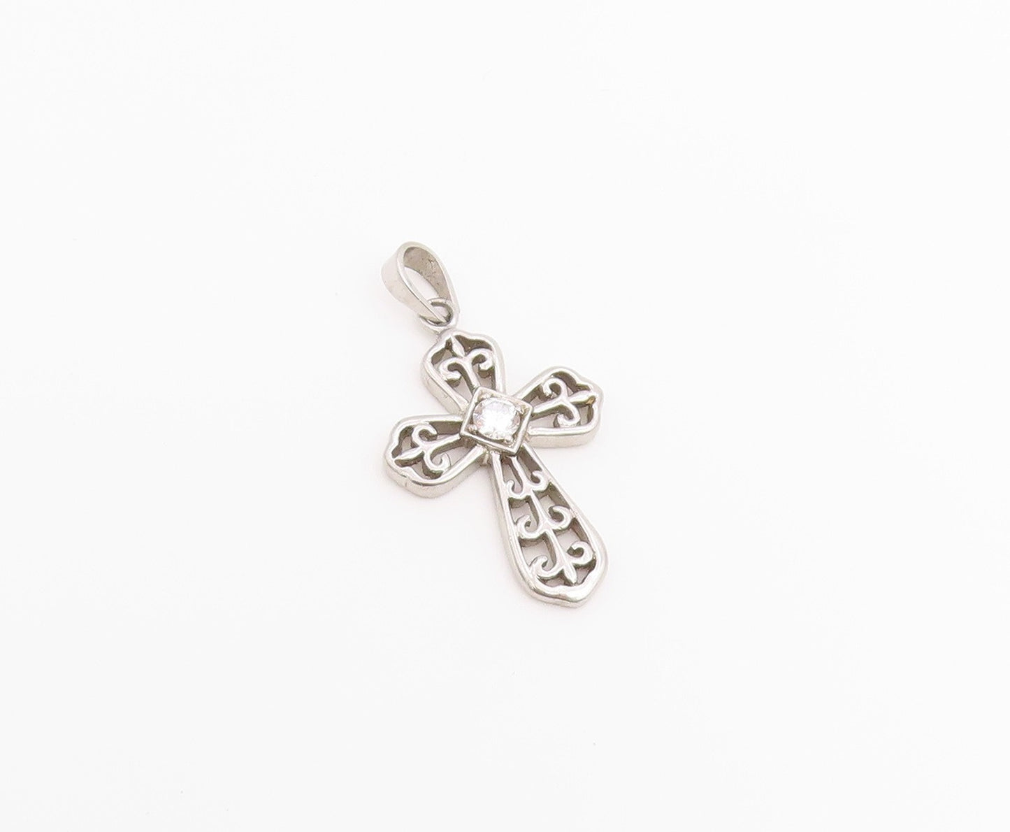 925 Sterling Silver Vintage Pendant Round Cut CZ Religious Cross Charm  PT26528