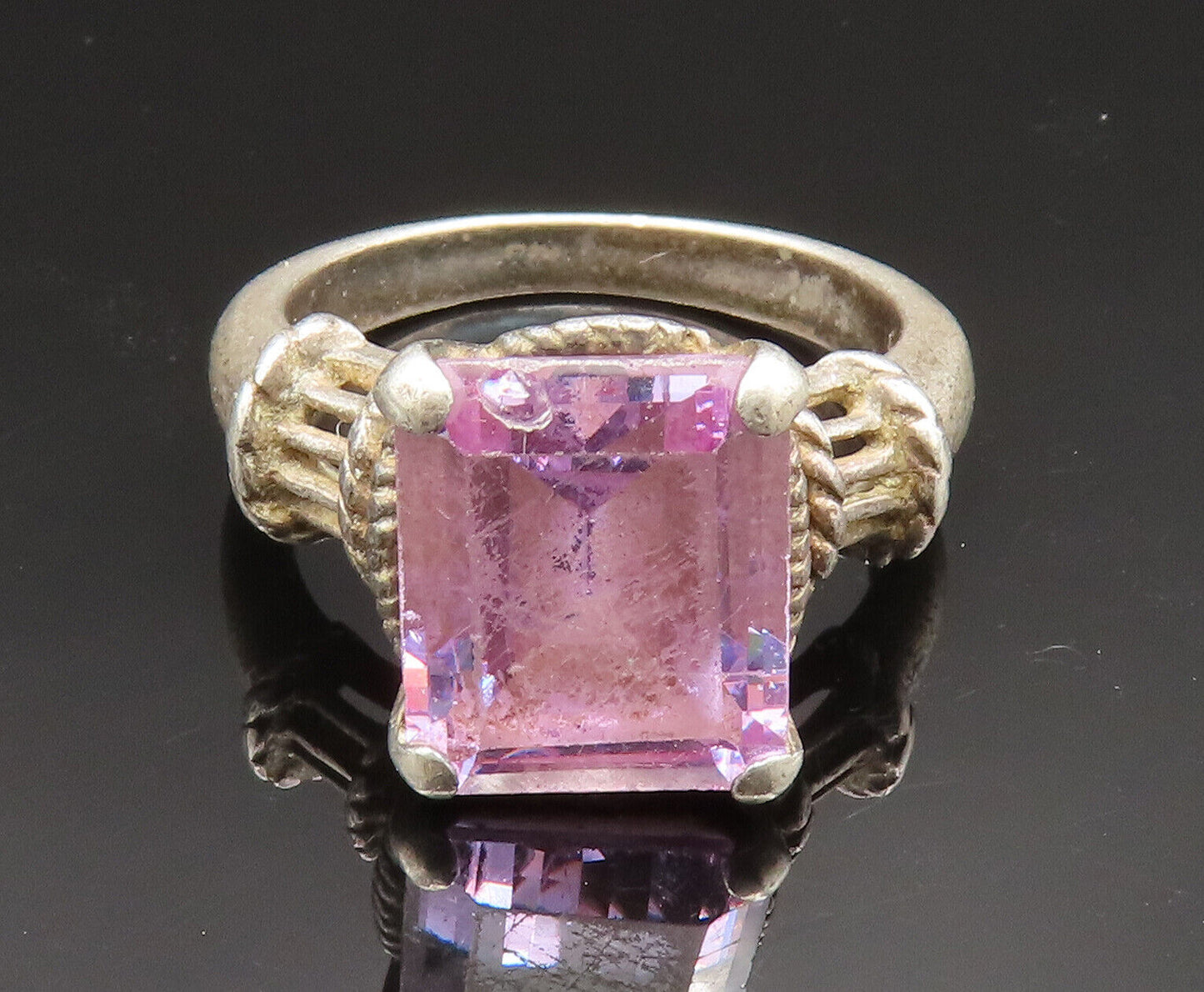 925 Sterling Silver  Vintage Square Gemstone Wrapped Rope Ring Sz 8  RG24590