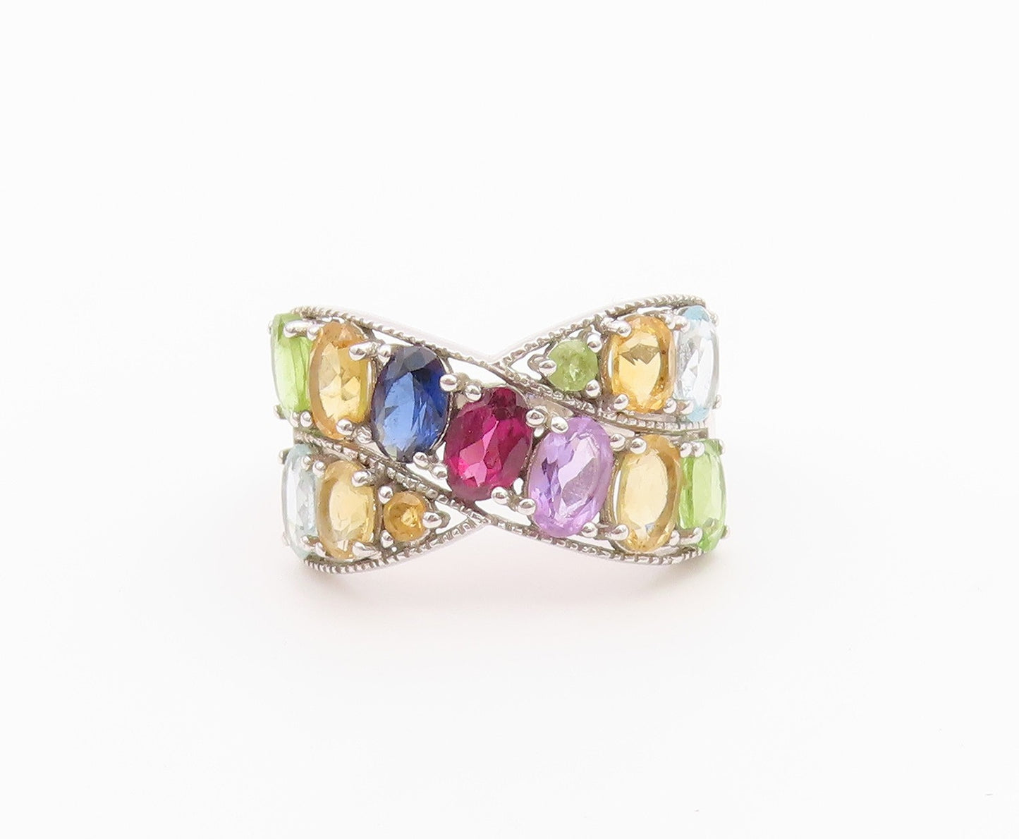 925 Sterling Silver Vintage Ring Multi Gemstone Crossover Band  Sz 10  RG36459