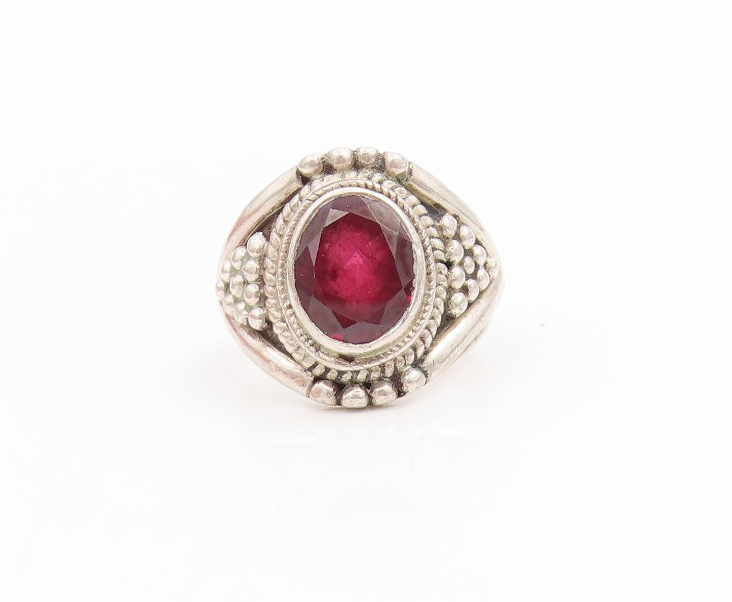 925 Sterling Silver Vintage Ring Faceted Amethyst Beaded Band  Sz 5.5  RG34029