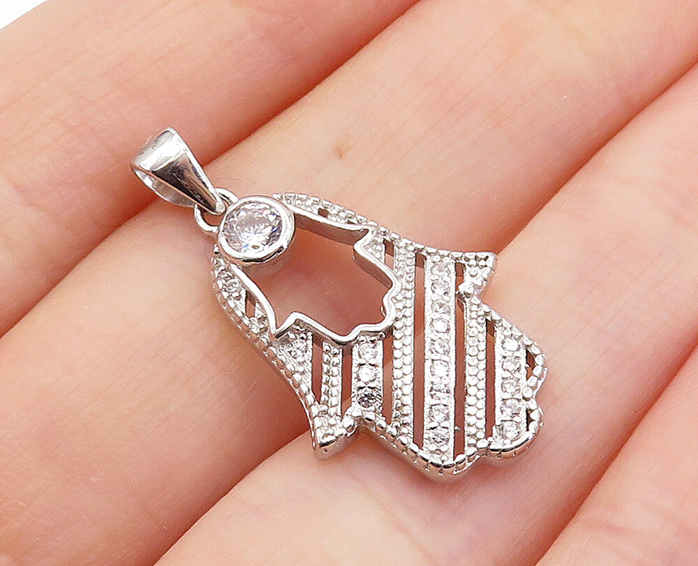 925 Sterling Silver  Sparkling Topaz Polished Cutout Hamsa Pendant  PT5586
