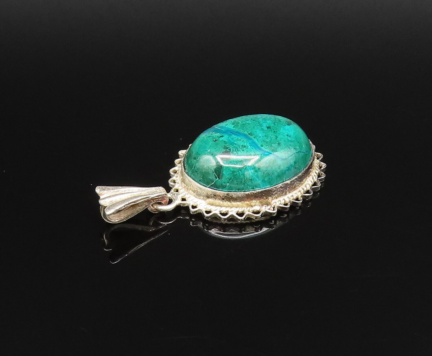 925 Silver  Vintage Wavy & Twisted Rope Edge Chrysocolla Pendant  PT21458