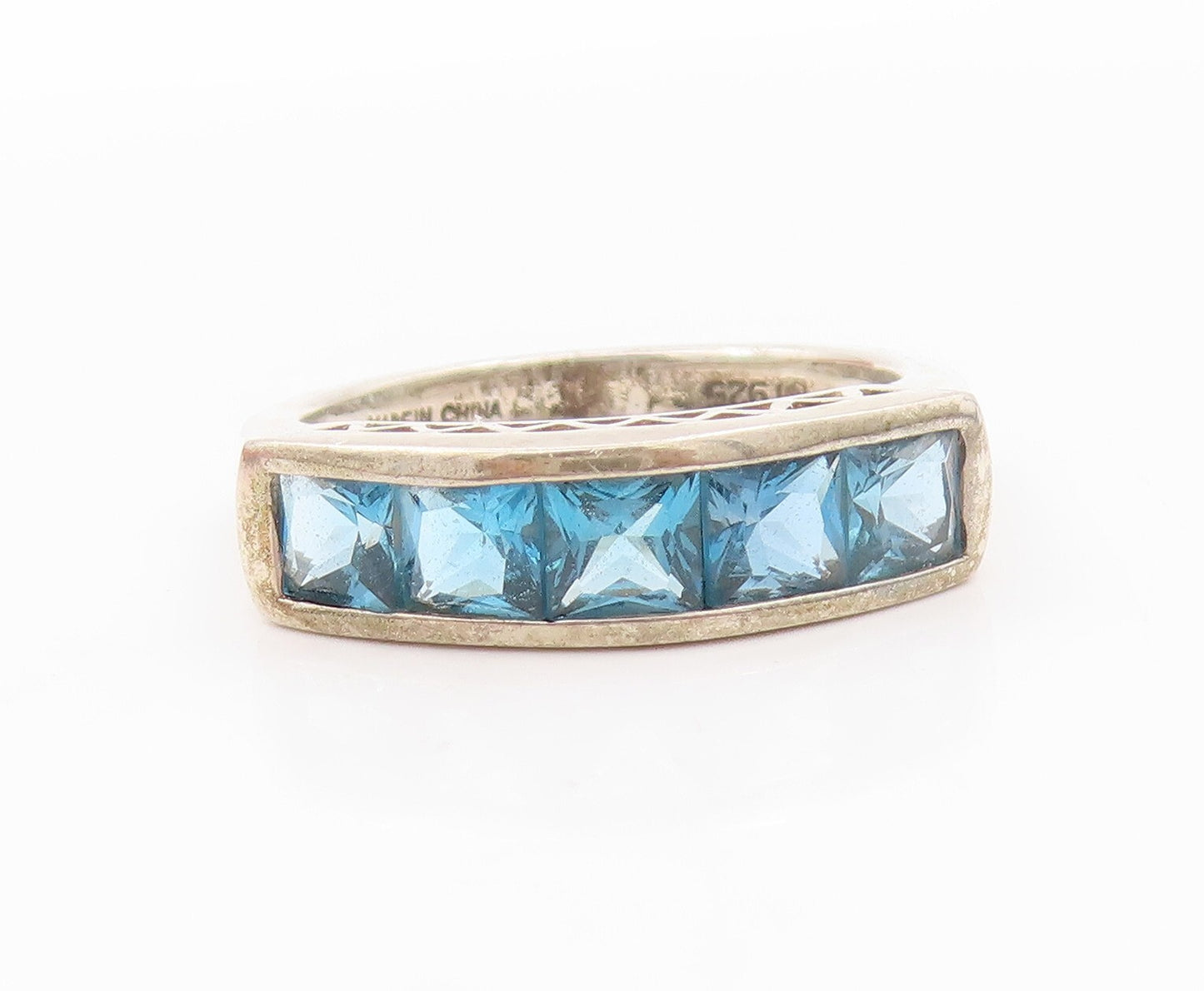 925 Sterling Silver Vintage Ring Solid Square Cut Blue Topaz Band  SZ 8  RG31987