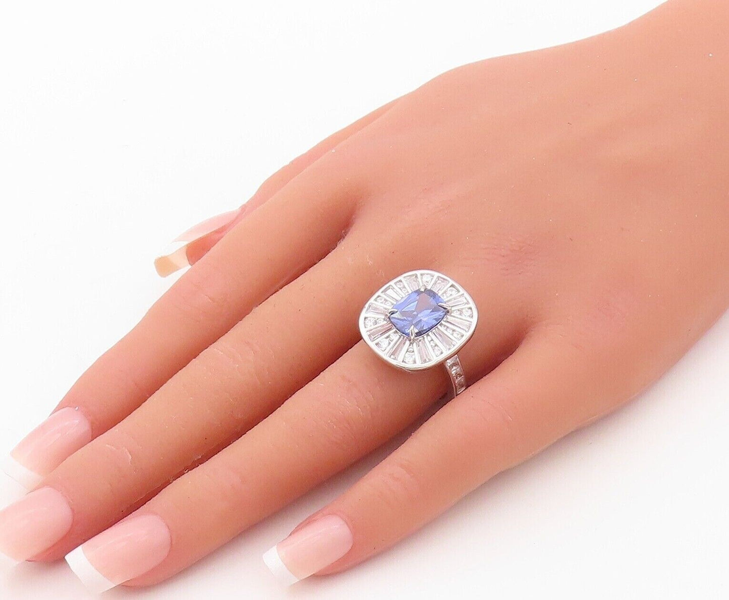 925 Sterling Silver Vintage Ring Rectangle Cut Sapphire Halo Topaz Sz 7  RG30265