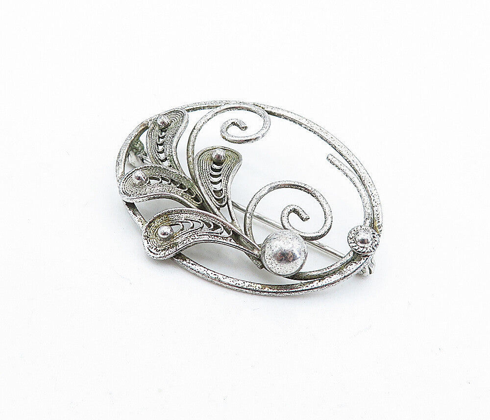 VAN DELL 925 Sterling Silver  Vintage Filigree Floral Swirl Brooch Pin  BP2526