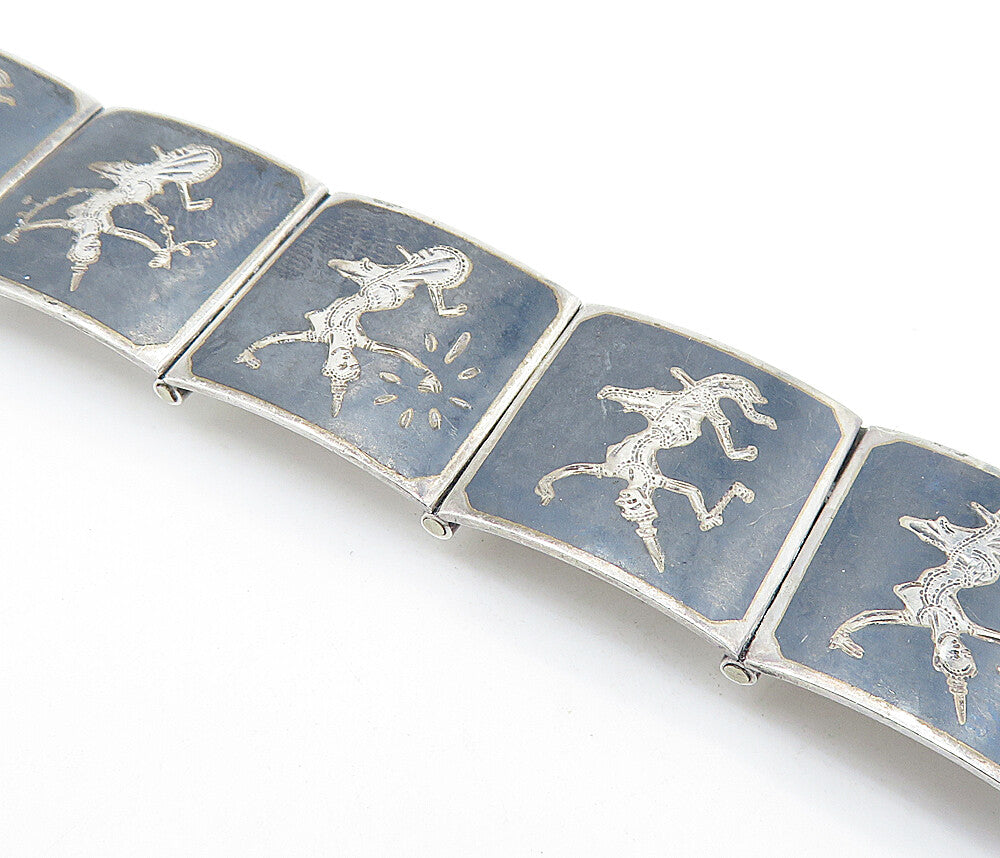 SIAM 925 Sterling Silver Vintage Niello Dancer Square Link Chain Bracelet BT2469