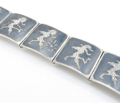 SIAM 925 Sterling Silver Vintage Niello Dancer Square Link Chain Bracelet BT2469