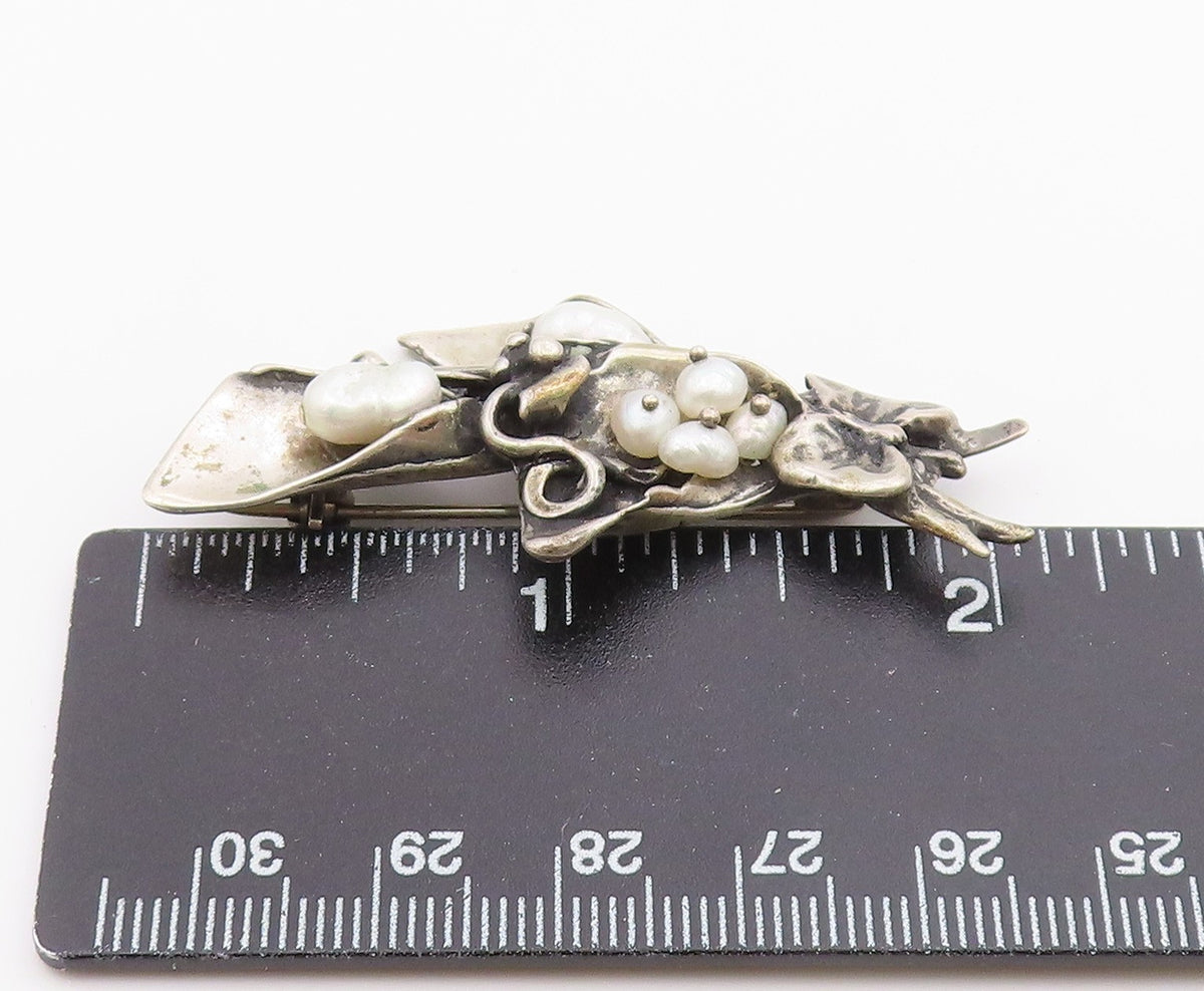 DESIGNER 925 Silver  Vintage Baroque Pearls Floral Butterfly Brooch Pin BP9257