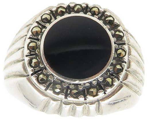 925 Silver  Vintage Black Onyx & Marcasite Dome Cocktail Ring Sz 10  RG10735