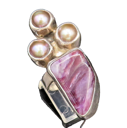 925 Silver  Vintage Mother Of Pearl & Charoite Full Finger Ring Sz 9  RG26054