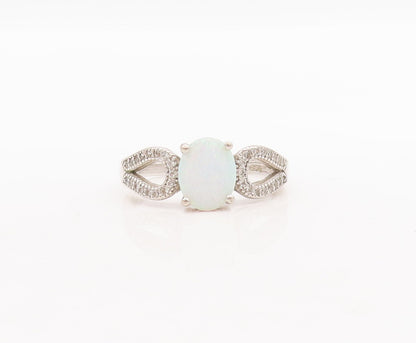 925 Sterling Silver Vintage Ring Loop Neck CZ Inlay & Fire Opal  Sz 9 RG29085