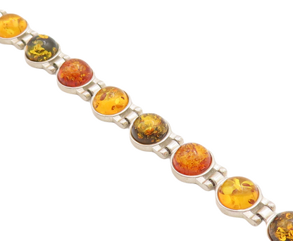 925 Sterling Silver Vintage Bracelet Round Honey Amber Hinged Links  BT10667