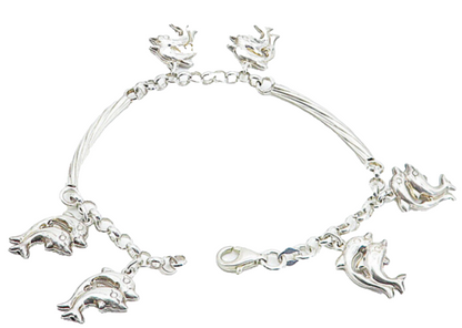 925 Sterling Silver  Polished Dolphin Charmed Bar Link Chain Bracelet  BT3322
