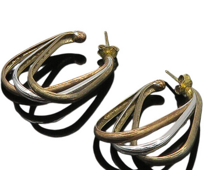 925 Sterling Silver Vintage Three Tone Split Shank Hoop Earrings EG10411