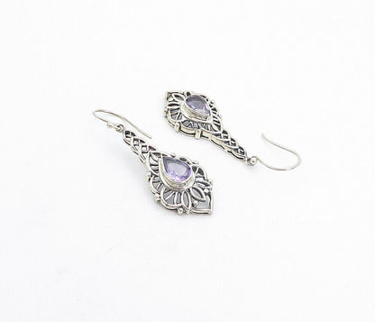 925 Sterling Silver  Vintage Tear Drop Amethyst Floral Dangle Earrings  EG3607