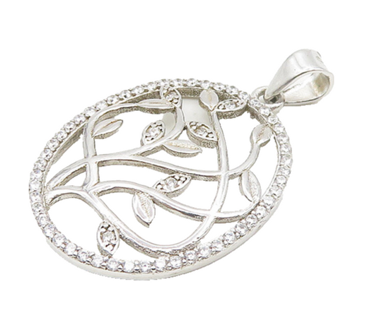 925 Sterling Silver  Shiny White Topaz Floral Vine Motif Pendant  PT14617