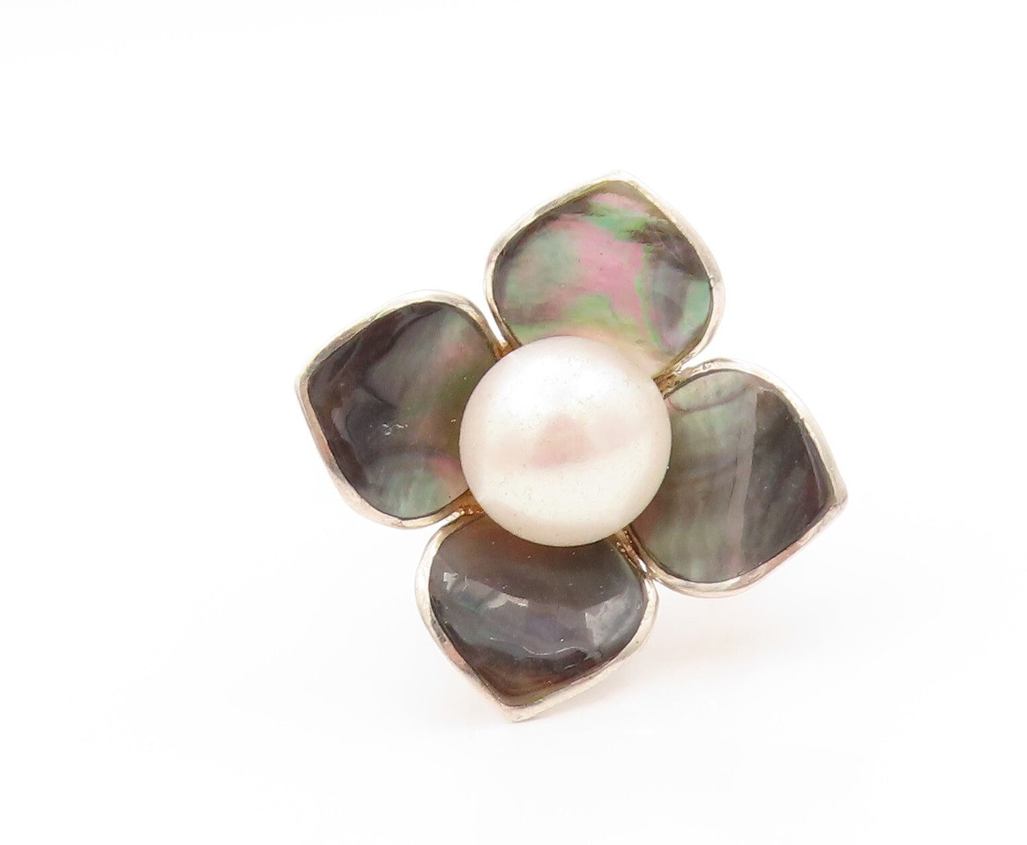 925 Sterling Silver Vintage Ring Pearl Abalone Cutout Flower  SZ 10  RG32147
