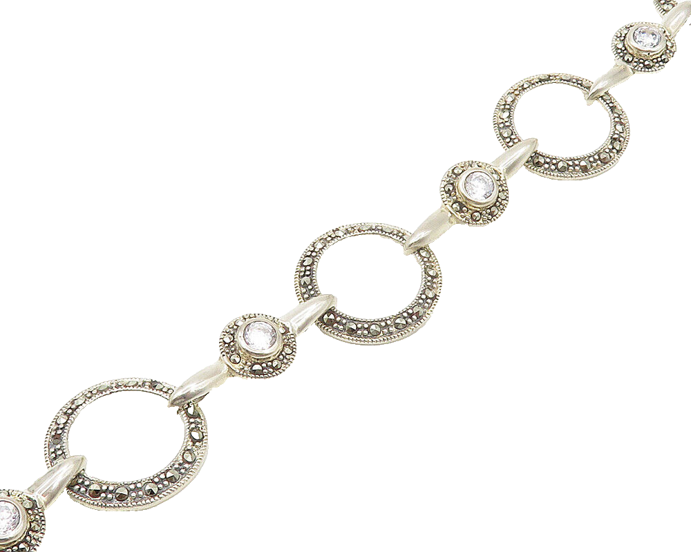 925 Sterling Silver  Shiny Cubic Zirconia & Marcasite Chain Bracelet  BT6827