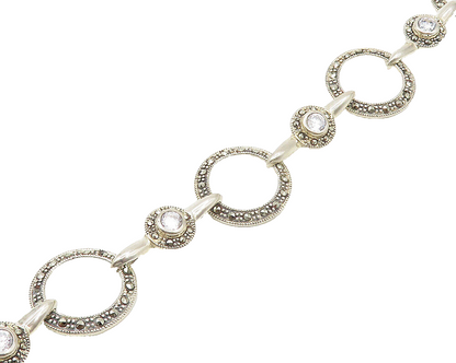 925 Sterling Silver  Shiny Cubic Zirconia & Marcasite Chain Bracelet  BT6827