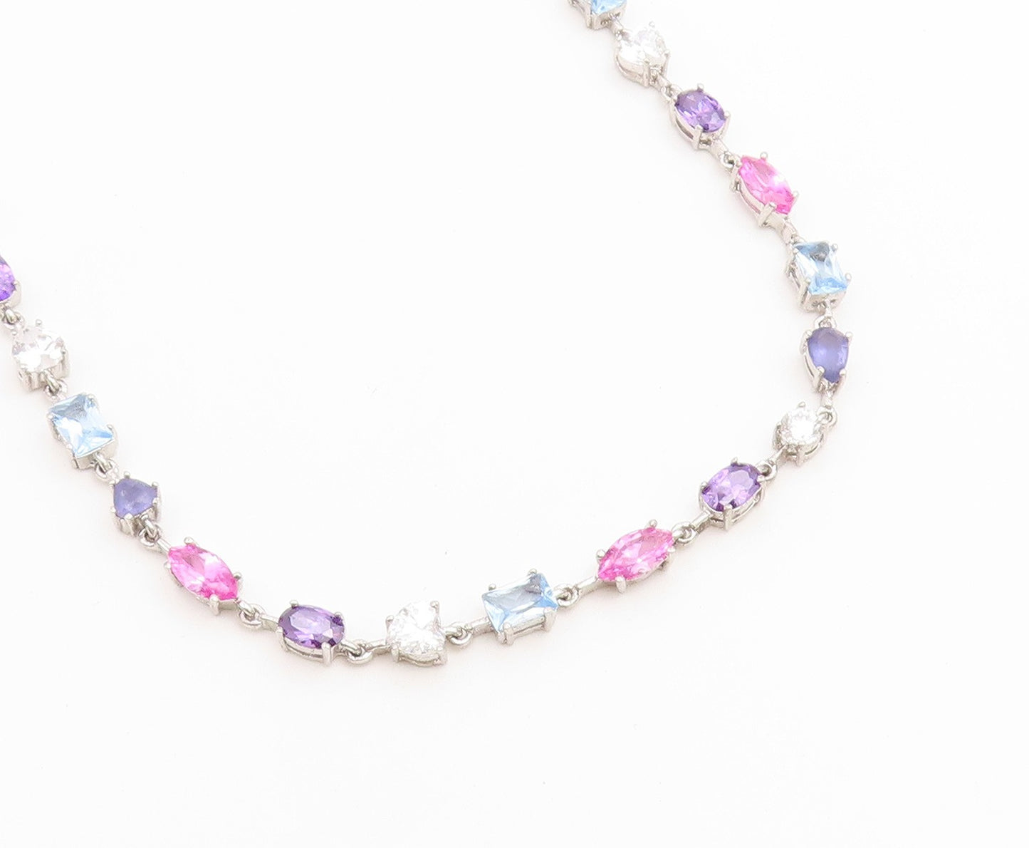 925 Sterling Silver Vintage Necklace Multi Gemstone Tennis Link Chain  NE4899