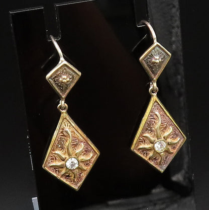 925 Silver  Vintage Cubic Zirconia Sun Motif Diamond Shaped Earrings  EG12227