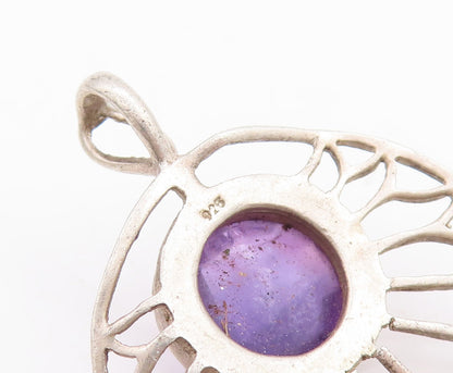 925 Sterling Silver Vintage Pendant Cutout Amethyst Round Flower  PT23296
