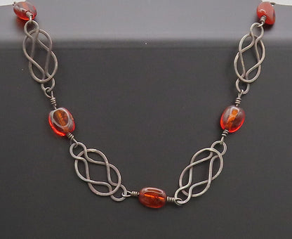 925 Sterling Silver  Vintage Swirly Stencil Cut Amber Beaded Necklace  NE4219