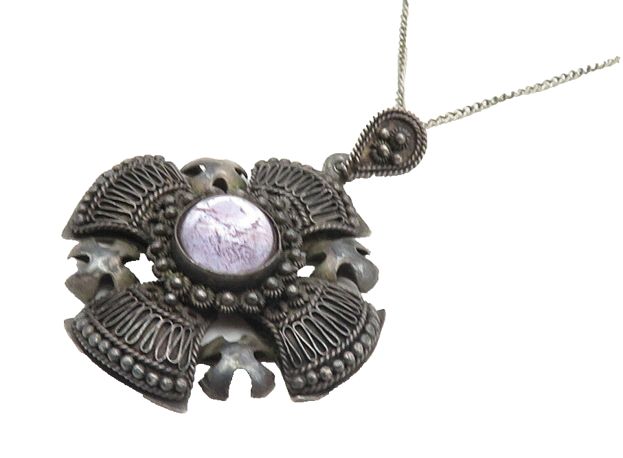 ISRAEL 925 Sterling Silver Vintage Antique Gemstone Cross Chain Necklace  NE1973